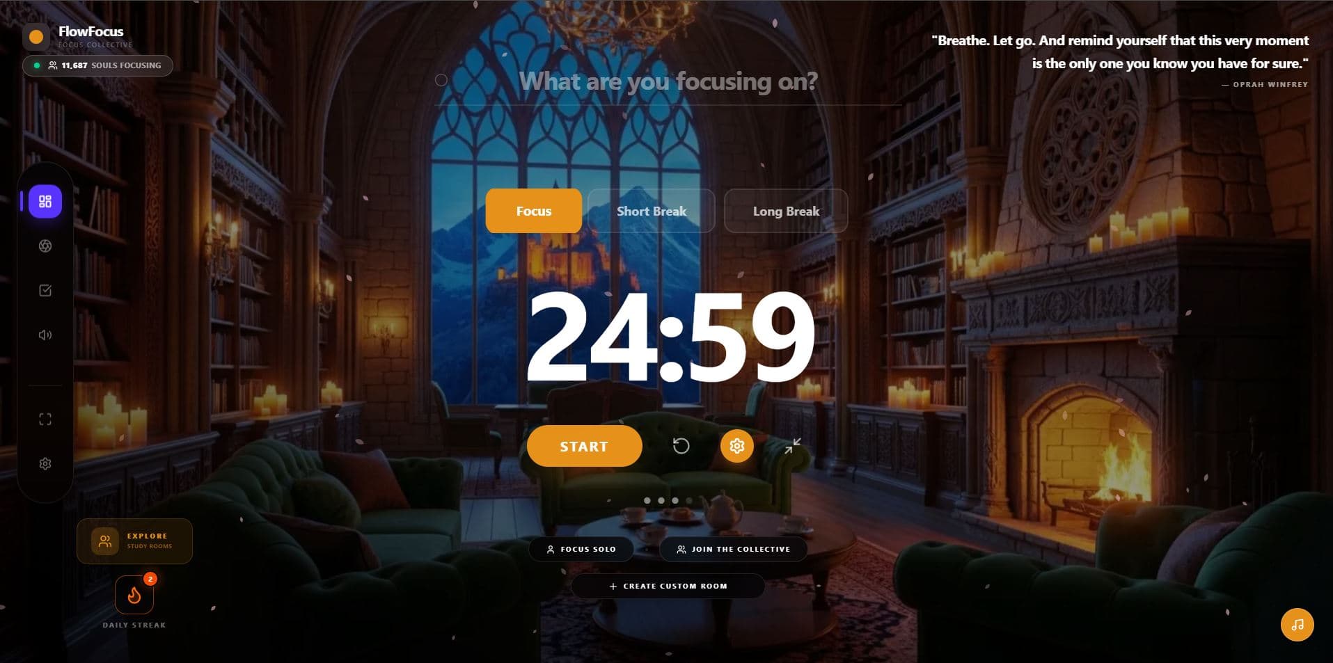 FlowFocus aesthetic Pomodoro timer and productivity dashboard showing focus session in progress