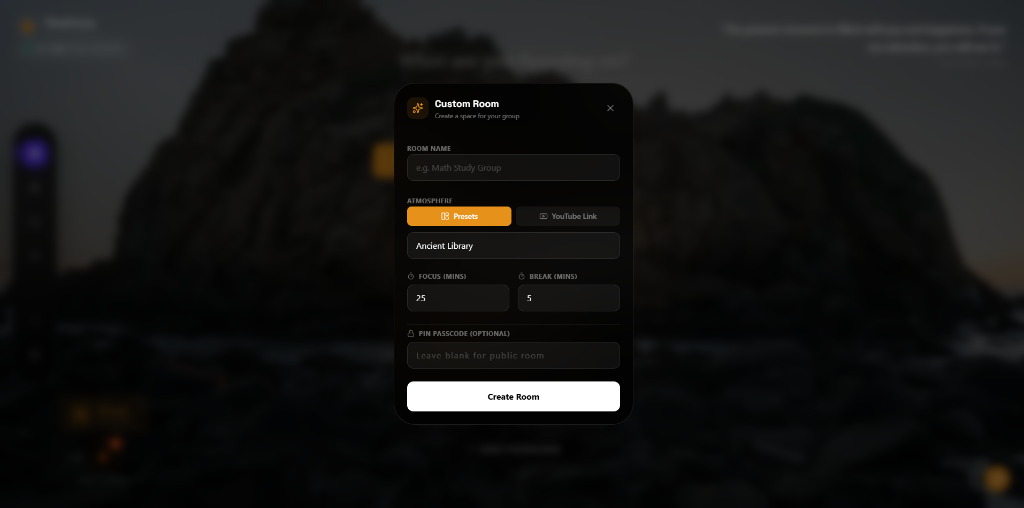 FlowFocus private virtual study room creation modal — set room name, atmosphere preset, Pomodoro focus and break times, and optional PIN passcode